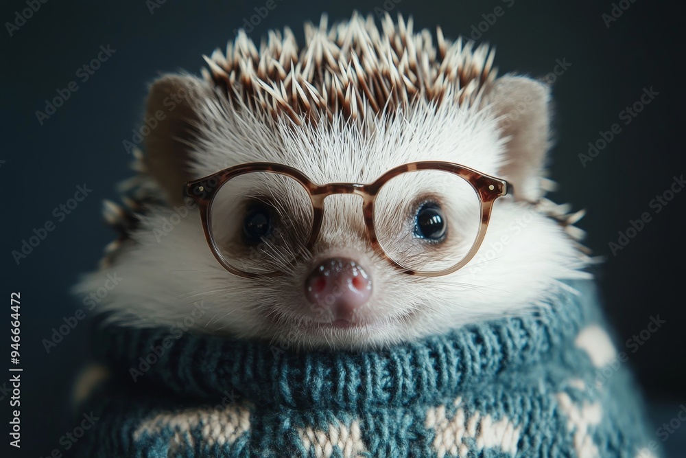 Wall mural A cute hedgehog wearing glasses and a sweater, symbolizing intelligence, warmth, and the endearing nature of small creatures.