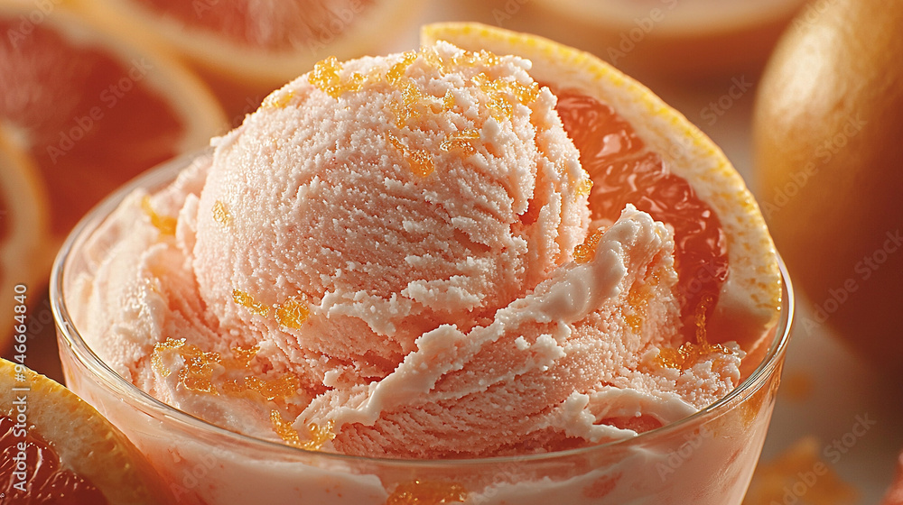 Poster a close-up of a bowl of ice cream with grapefruits and oranges in the background