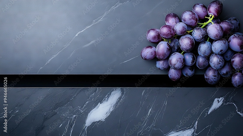 Poster a cluster of grapes resting atop a marble-topped counter alongside a monochrome slab of the same