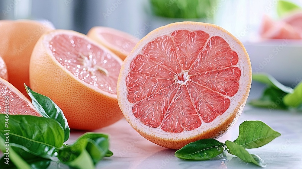Poster a grapefruit sliced in half rests on a table with surrounding grapefruits and green foliage