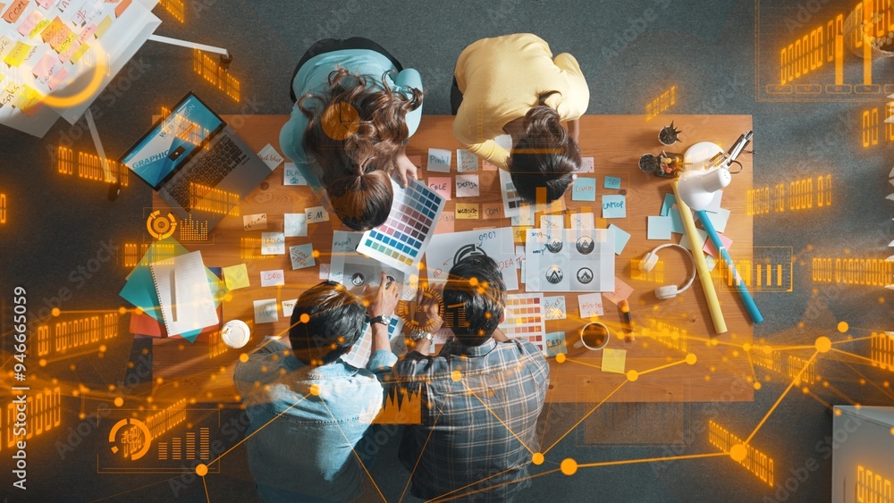 Aufkleber top down view of business team with casual outfit looking laptop screen and sharing idea. aerial vie