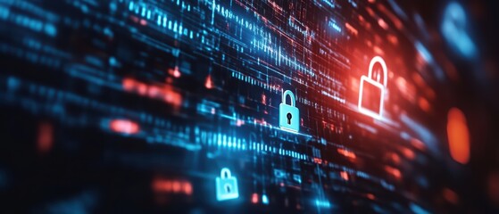 Obraz premium Abstract digital security background with padlocks and data streams representing cybersecurity and data protection concepts.