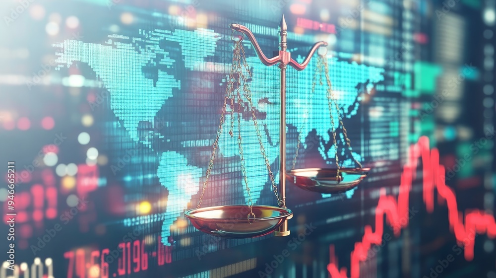 Poster a digital illustration of a balance scale symbolizing the delicate equilibrium of global trade, with