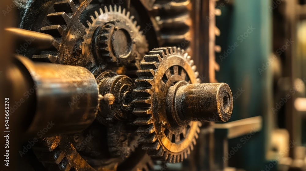 Aufkleber close-up of interlocking gears in a vintage machine