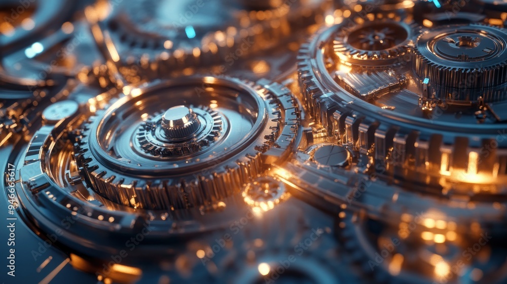 Poster close-up of a metallic gear system with glowing elements