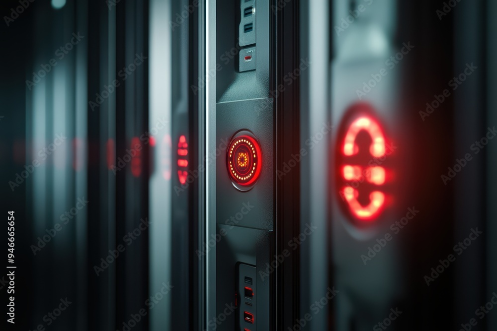 Poster close-up view of modern server technology with illuminated red indicators, showcasing data storage a