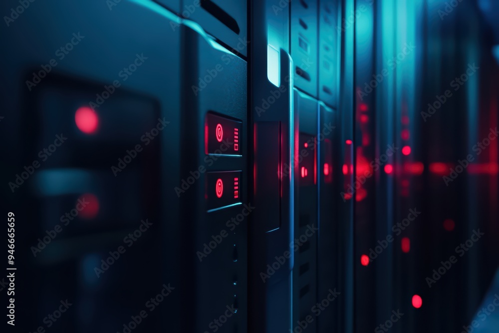 Poster close-up view of a modern server rack with illuminated indicators, showcasing advanced technology in