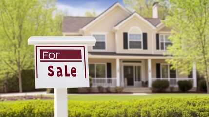 Obraz premium Charming house with a 'For Sale' sign in a serene neighborhood, showcasing potential for future homeowners.