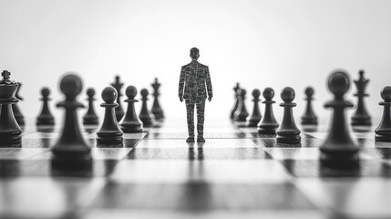 Business Strategy Leadership Concept - Silhouette in Suit on Chessboard with Chess Pieces