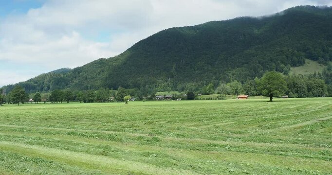 Bayerische Berglandschaft.. Gr&uuml;ne Weiden und Heubereitung am Fu&szlig;e des Wallbergs mit Blick auf Enterrottach und das Riedersteinmassiv unter den Wolken