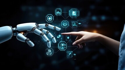 A human hand interacts with an artificial intelligence robotic hand with medical icons and a digital interface on dark background, illustrating healthcare technology. copy space for text.