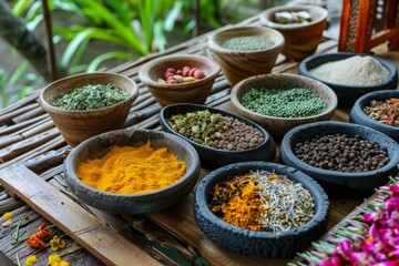 Fototapeta premium Assorted spices and herbs in wooden and stone bowls on a rustic bamboo table with greenery in the background. Culinary ingredients for cooking and seasoning. Ayurveda, ayurvedic herbs, Generative AI