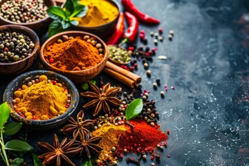 Assorted spices and herbs in bowls with star anise, peppercorns, and chili peppers on a dark textured background. Ayurveda, ayurvedic herbs, Generative AI © Екатерина Каболова