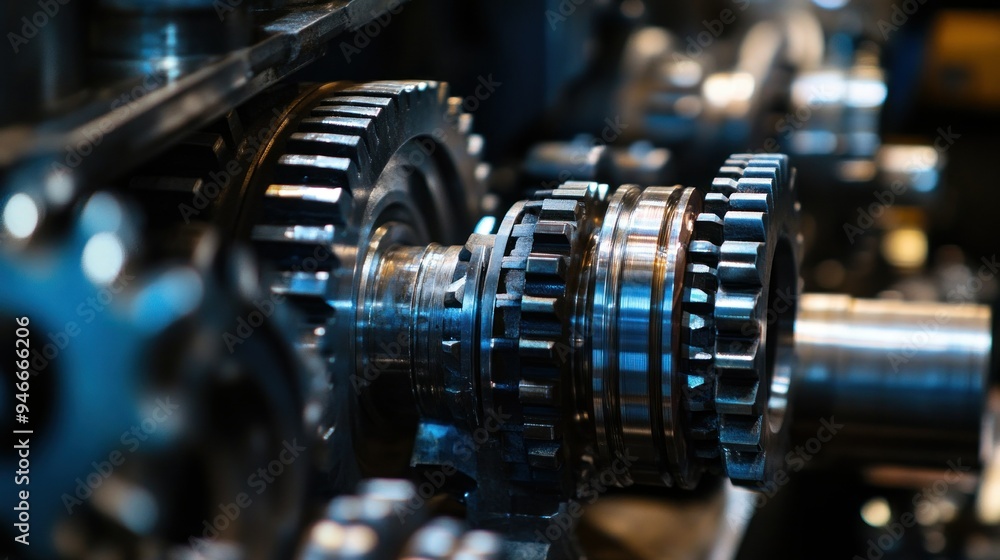 Poster close-up of interlocking metal gears in a machine