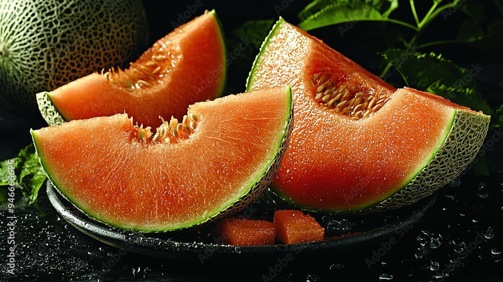 Wall mural two slices of watermelon on a black dish with cantaloupe