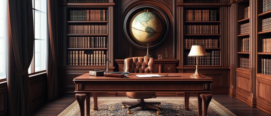 Elegant wooden office with a globe, bookshelves, and a classic desk, perfect for a sophisticated workspace.