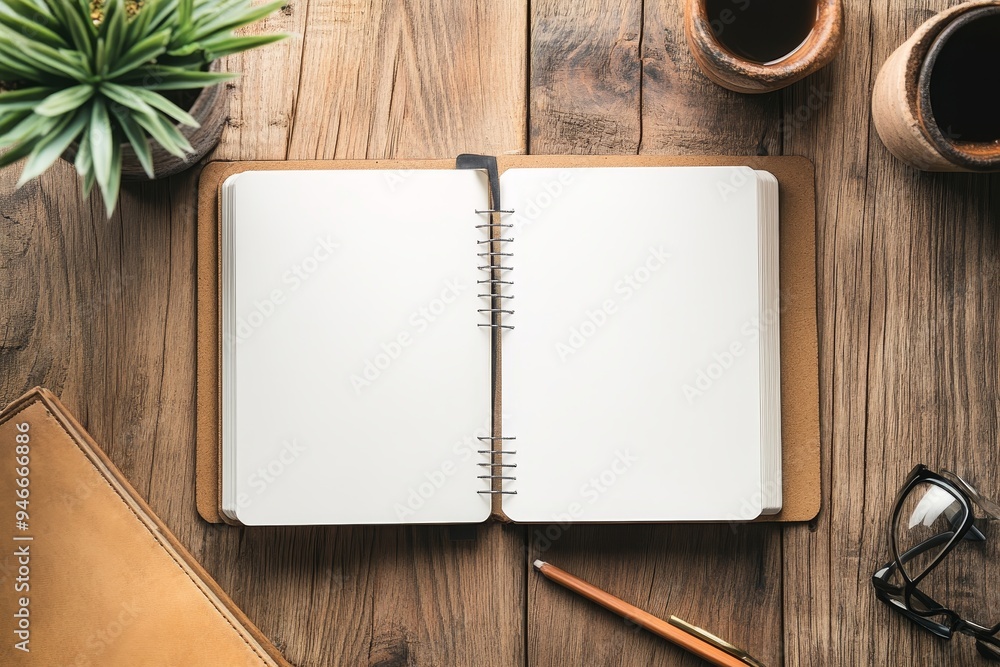 Poster a flat lay mockup featuring an open notebook with blank pages on a rustic wooden desk. the scene inc
