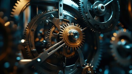 Close-up of Interlocking Metallic Gears in a Machine