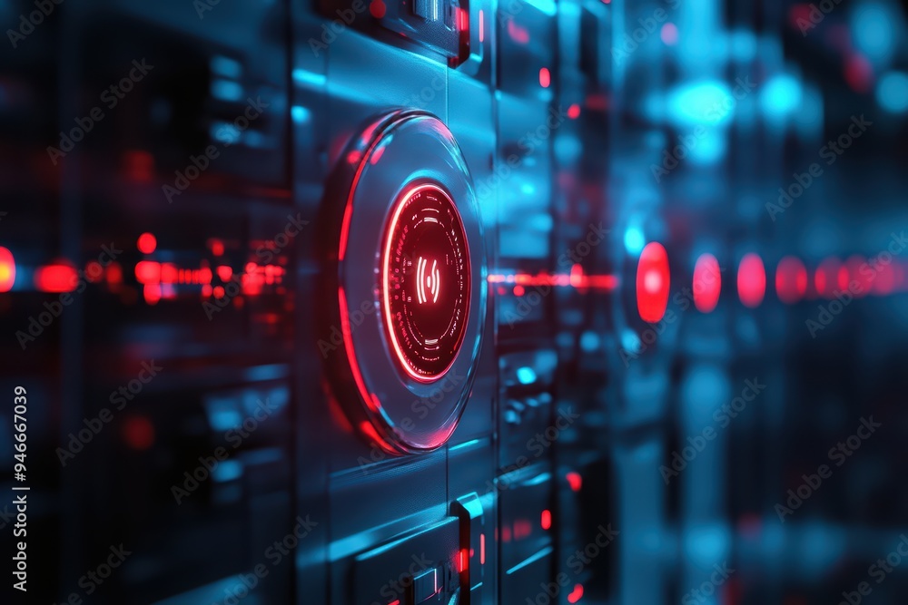 Aufkleber futuristic data center with glowing lights and intricate server design, showcasing advanced technolo