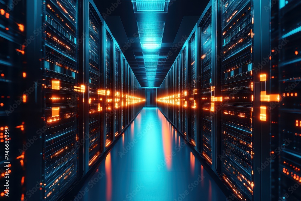 Poster futuristic data center with glowing servers highlighting advanced technology and efficient data stor