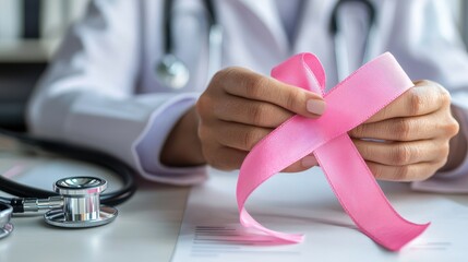 A close-up image of a doctors hands holding a pink ribbon while sitting at a desk with medical equipment, the background includes a stethoscope and a laptop displaying a breast cancer awareness