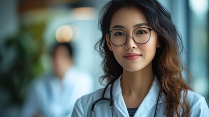 Fototapeta premium Confident Female Doctor with Glasses in Modern Clinical Setting