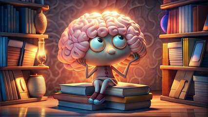 Cartoon brain character sitting on books in a cozy library, representing knowledge and learning