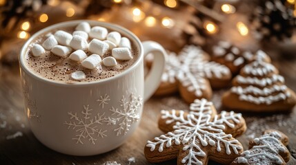 Cozy Hot Chocolate with Marshmallows and Festive Gingerbread Cookies in Christmas Setting