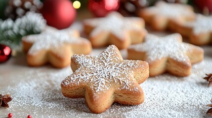   A close-up of grouped cookies on a snowflake-covered table with Christmas trees in the background