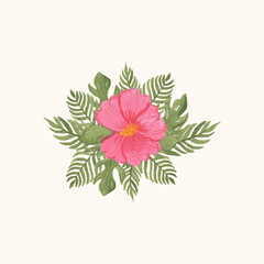 Watercolor flower decoration with pink flowers and jungle leaves with Tropical leaves