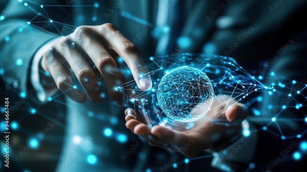 Poster machine learning, chatbot, businessman touch of ai data exchange on business network connection, dee