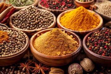 Fototapeta premium Assorted spices and peppercorns in wooden bowls on a rustic surface. Close-up flat lay composition for culinary design and print. Ayurveda, ayurvedic herbs, Generative AI