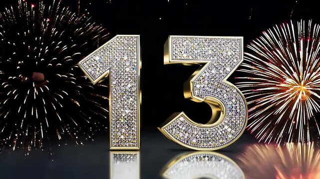 Dazzling crystal diamont number thirteen 14 shines brightly against a contrasting dark backdrop. Fireworks in the background. For congratulations and anniversaries