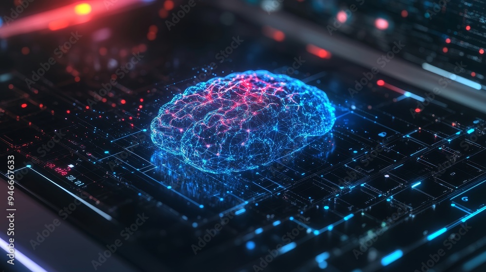 Poster a glowing blue and red brain, constructed of connected lines and dots, rests on a digital keyboard. 