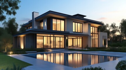 Modern luxury house with large windows and a pool, illuminated by soft evening light, surrounded by lush greenery and trees.