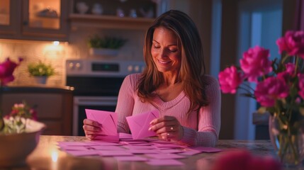 A woman sitting at a kitchen table, surrounded by pink envelopes and thank-you cards for a breast cancer awareness fundraiser, her expression is one of gratitude and happiness, the kitchen is warmly
