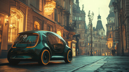Futuristic Electric Car on Historic European Street at Dusk with Warm Ambient Lighting