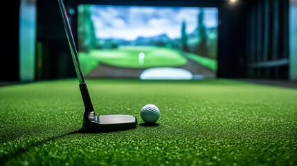 A golf putter and ball lie on a putting green in a golf simulator. The image symbolizes accuracy, precision, and the challenge of the game of golf.