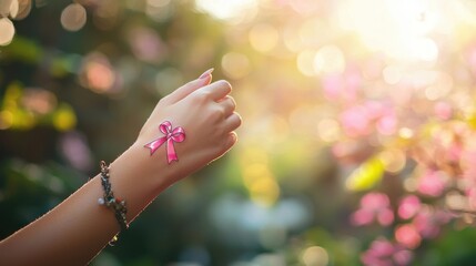 Naklejka premium A close-up shot of a womans hand gently touching a pink awareness ribbon tattoo on her wrist, the background is softly blurred with a garden scene, representing personal commitment and the lasting