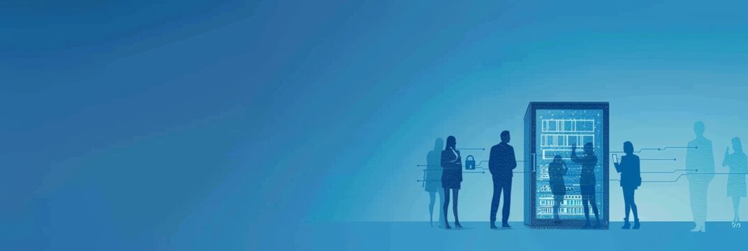 A group of business professionals stand in front of a secure server room. They are silhouetted against a blue background, symbolizing data security, access control, digital technology, collaboration, 