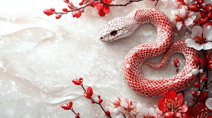 Obraz premium Stunning Red and White Snake among Blossoms in Winter Wonderland Stock Photo