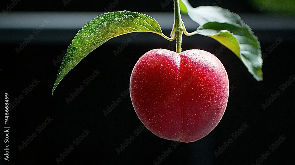 Poster a close-up of a red apple with a green leaf on its stem and a window in the background