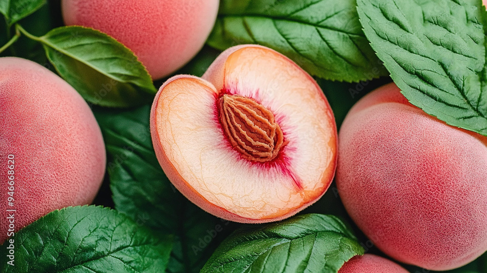 Aufkleber a cluster of peaches resting atop a bed of emerald foliage with one peach displaying a nibbled mark
