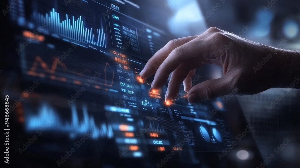 Poster a hand interacts with a digital display showing financial data, graphs, and charts. this represents 