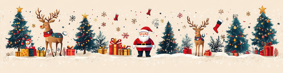 Obraz premium happy new year and merry Christmas winter old town street. christmas town city panorama. Santa Claus with deers in sky above the city. Vector illustration in flat style