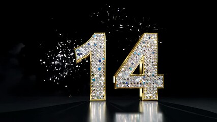 Dazzling crystal diamont number fourteen 14 shines brightly against a contrasting dark backdrop. Fireworks in the background. For congratulations and anniversaries