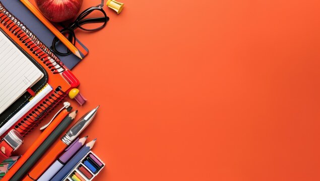 School essentials neatly placed on the left with a striking orange background for text or designs