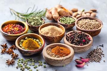 Fototapeta premium Assorted spices and herbs in wooden bowls on a white background. Culinary ingredients for cooking. Ayurveda, ayurvedic herbs, Generative AI