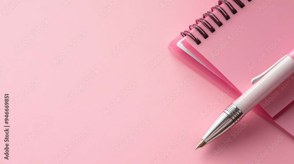 Poster a minimalist image featuring a pink background, a closed notebook, and a pen. this image is perfect 
