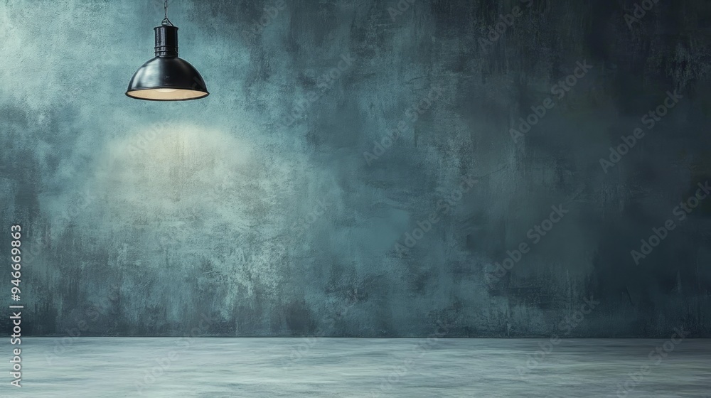 Poster a minimalist industrial interior with a single hanging light fixture casting a warm glow on a textur